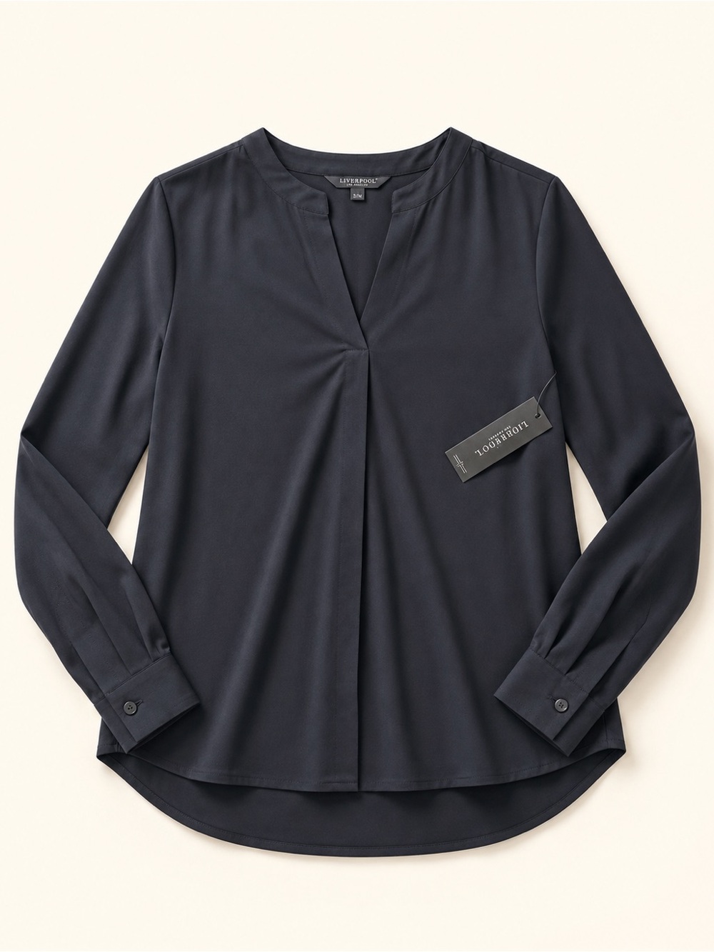 Liverpool Navy Split-Neck Pleated Front Long-Sleeve Blouse